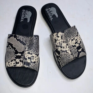Sorel Women’s Ella II Block Slide Sandals for Black Snake Pattern S-024 Sz 8